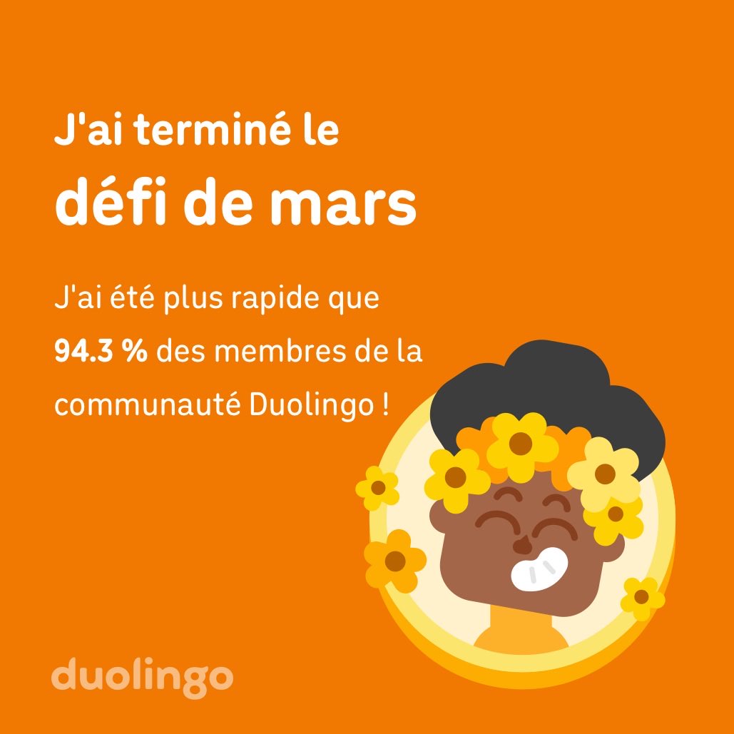chaudfred's tweet photo. J'ai terminé le défi de mars plus vite que 94.3 % des membres de la communauté Duolingo ! https://t.co/W6wxRoW05X