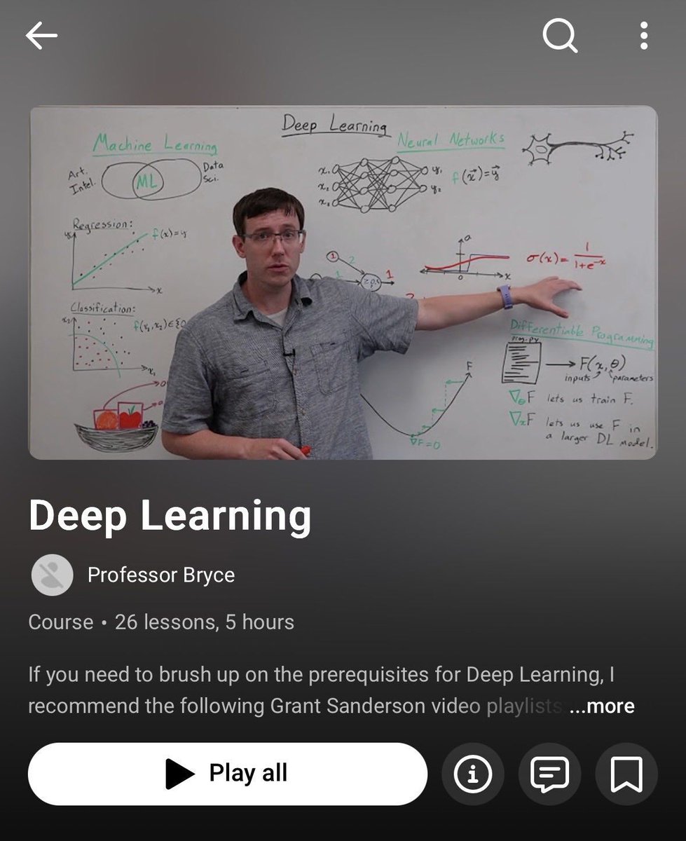 _rohit_tiwari_'s tweet photo. This playlist has 26 deep learning lectures.
One of the best free resources online.
Go from beginner to confident in just 5 hours. https://t.co/KjaS7jAt0S

Foundations of Deep Learning
> What deep learning is
> The math basics you need, including linear algebra and calculus
> How a single neuron works as a computing unit

Training Mechanics
> How a neuron is trained using gradient descent
> Why the data analysis pipeline matters
> How out of sample validation helps check model reliability

Network Architectures
> Feed Forward Neural Networks explained
> Backpropagation and why it lets multi layer networks learn from errors

Optimization for Classification
> Activation functions like Softmax
> Loss functions like Categorical Cross-entropy
> How these handle complex classification problems

Efficiency and Stability
> Making networks faster with vectorization
> How to spot and fix vanishing or exploding gradient issues

Generalization and Regularization
> Ways to avoid overfitting
> How to make sure models work well on new data, not just training data

Computer Vision and Transfer Learning
> Convolutional layers for image tasks
> Using transfer learning and data augmentation
> Training large models with limited data

Advanced Network Features
> Residual Networks explained
> Why skip connections help build very deep models

Natural Language Processing
> How machines understand text
> Word embeddings
> Recurrent Neural Networks and LSTMs
> Transformers and self attention

Generative and Specialized Models
> Auto Encoders for data compression
> Generative Adversarial Networks for creating new data
> The ideas behind AlphaGo and reinforcement learning