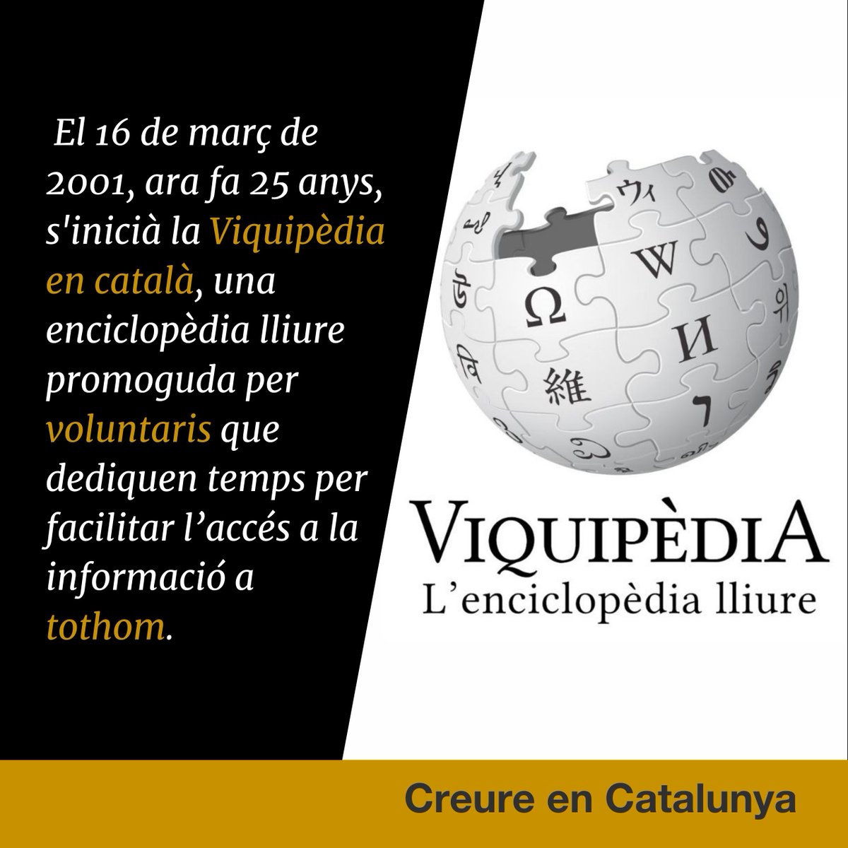 #taldiacomavui de fa 25 anys, el 16 de març de 2001, s'inicià la <a href="/Viquipedia/">Viquipèdia 2️⃣5️⃣</a> en català. L’enhorabona i moltes gràcies a tots els voluntaris que heu fet possible aquests primers 25 anys de la Viquipèdia en català. Per molts anys! <a href="/AmicalWikimedia/">Amical Wikimedia</a> #Viquipèdia25