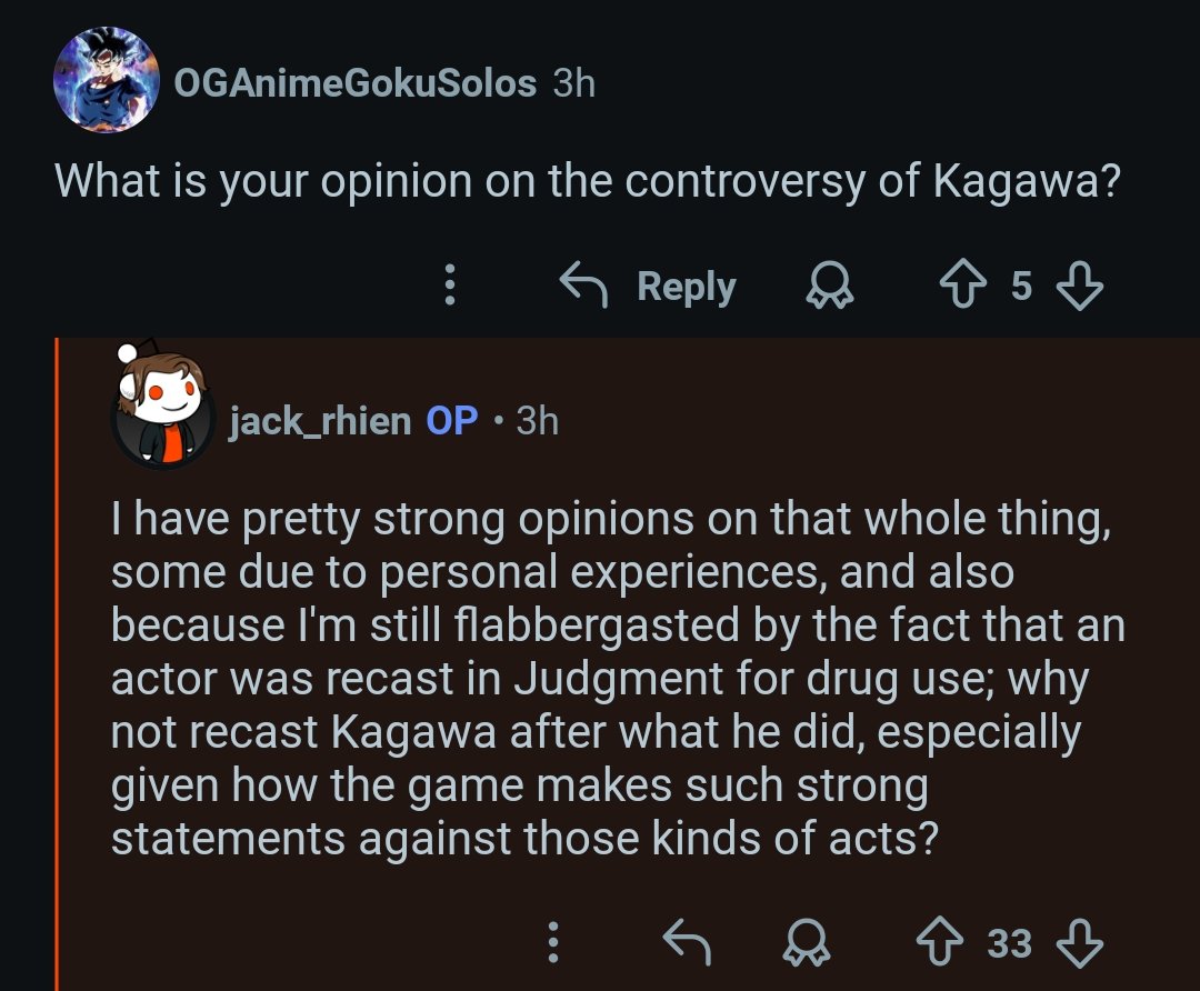 Grant Corvin (English voice for Tetsuo Tamashiro in Yakuza Kiwami 3) has purchased Yakuza Kiwami 3 used and denounced Kagawa in his AMA on reddit. 👀