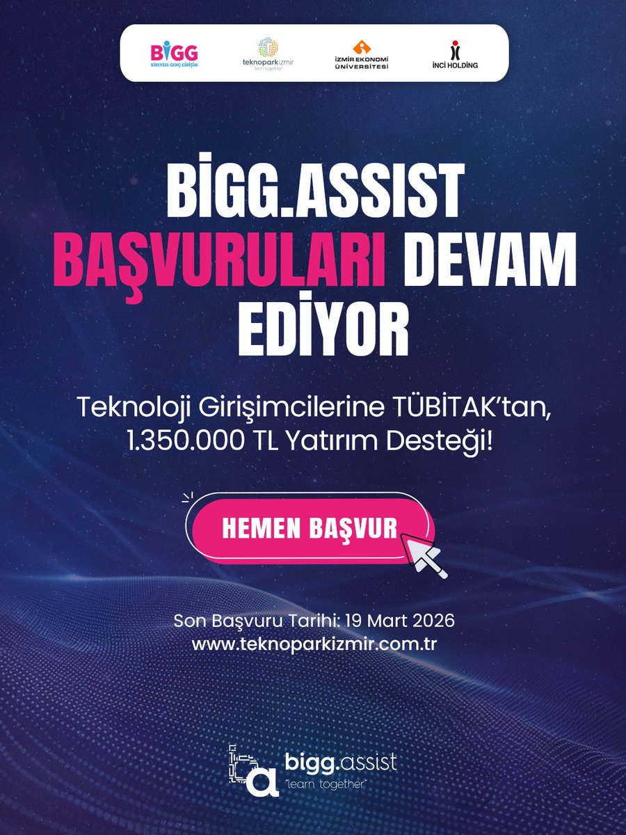 Teknoparkizmir_'s tweet photo. TÜBİTAK 1812 BİGG Yatırım Programı kapsamında yürütülen BİGG ASSİST 2026-1 Hızlandırma Programı için başvurular devam ediyor!

Başvuru için https://t.co/BVjE1XD2Ks adresine giriş yapılarak Hızlandırma Çağrıları ekranından BİGG.ASSIST 2026-1 çağrısının seçilmesi gerekiyor. https://t.co/bP6oR53W3s