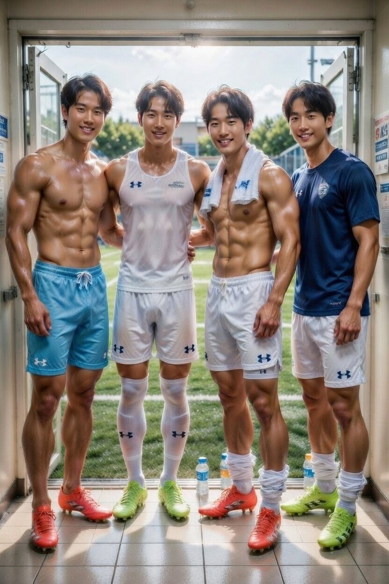 MateYuntaku's tweet image. 《🌅今日の朝練終えて⚽》
汗だくで部室に戻るレギュラー4名
イケメン揃いが当部自慢？
♯大学サッカー部　♯サッカー部
♯蹴球　♯部室　♯UNDER ARMOUR　
🤳（AI）chatgptとgrok合同加工です