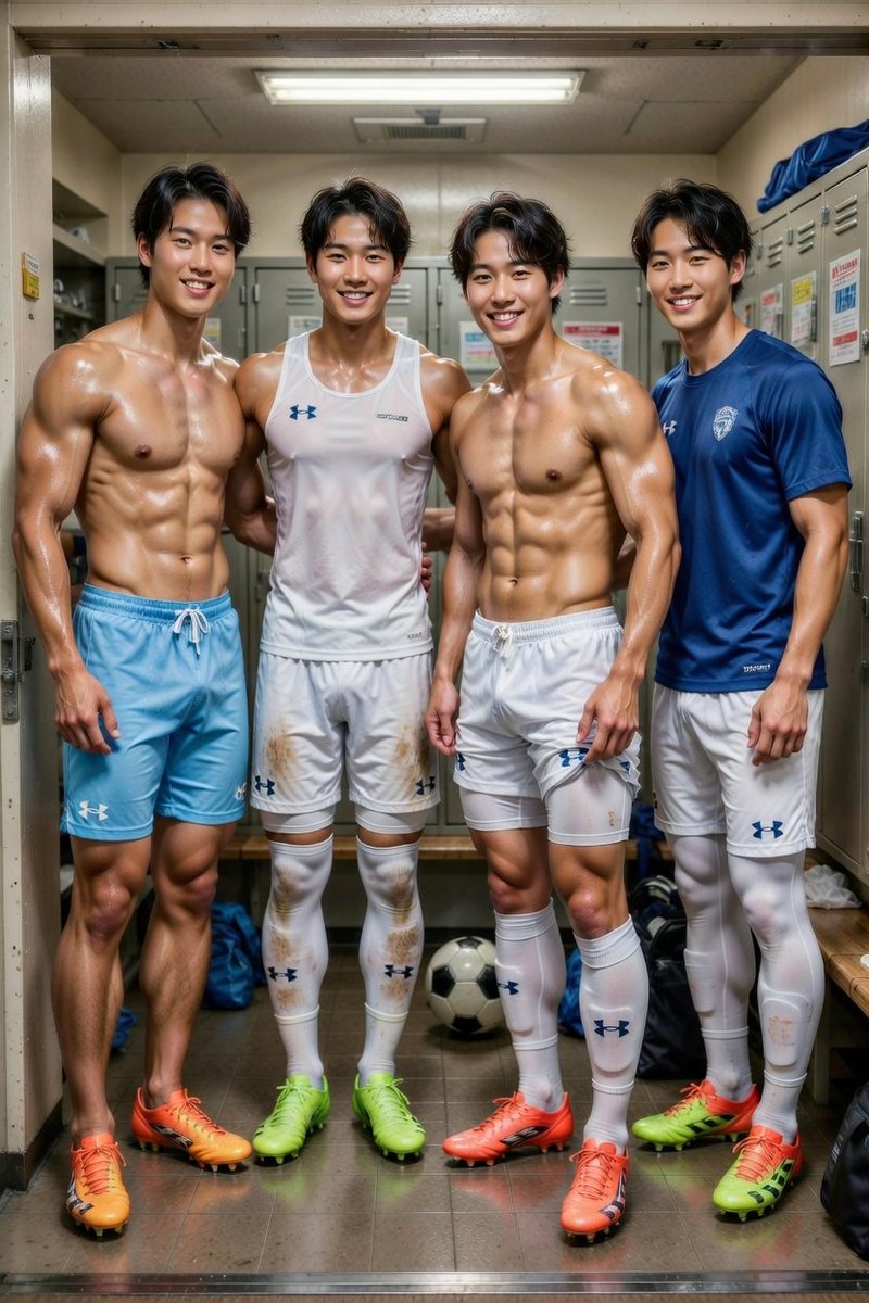 MateYuntaku's tweet image. 《🌅今日の朝練終えて⚽》
汗だくで部室に戻るレギュラー4名
イケメン揃いが当部自慢？
♯大学サッカー部　♯サッカー部
♯蹴球　♯部室　♯UNDER ARMOUR　
🤳（AI）chatgptとgrok合同加工です