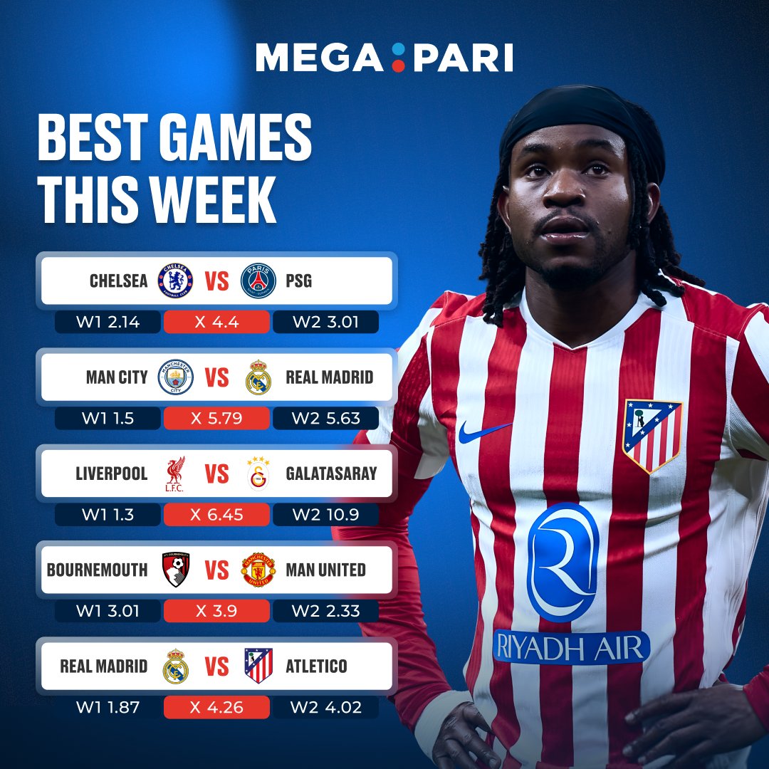 🔥 TOP GAMES OF THE WEEK 🔥

⚽ Giants collide, rivalries reignite, and every goal could change everything. Ready for a club football week?

💰 Bet smart, Win big> megapari.media/4sSvWYE

#Megapari #Football #SportsBetting #ChampionsLeague