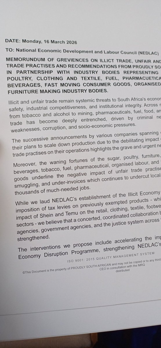 _cosatu's tweet image. Organised labour presented a memorandum of demands at #ProudlySA #BuyLocal Summit demanding an end to illicit trading in the economy to @NEDLAC_SA, @GovernmentZA and #ProudlySA  @ProudlySA @deptoflabour @1Khosi_Meth @DmJomo @eNCA