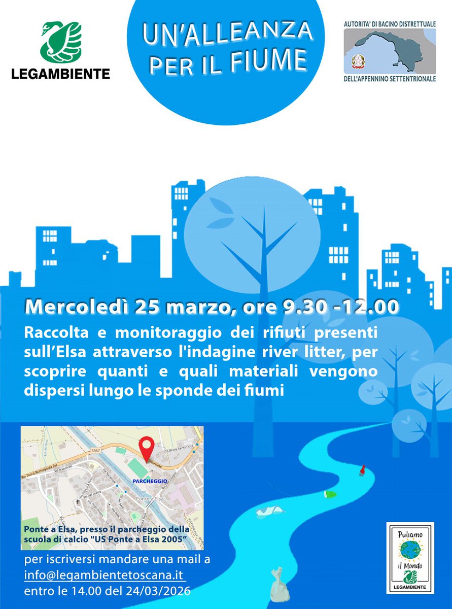 LegambienteTosc's tweet photo. 📅Il 25 Marzo nuovo appuntamento per il progetto "Alleanza per il Fiume" per la raccolta e monitoraggio dei rifiuti presenti sulle sponde del fiume #Elsa
Vi aspettiamo! https://t.co/71LLZQUQN1