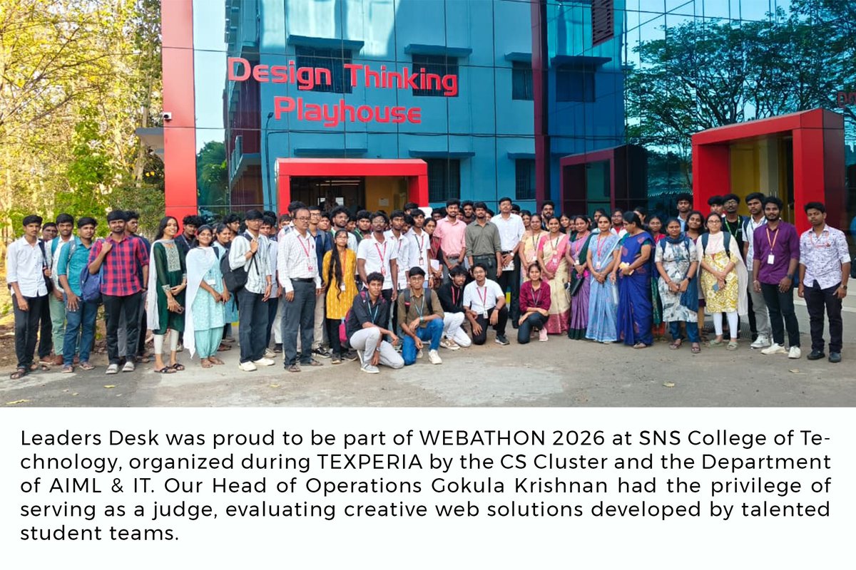 LeadersDesk's tweet photo. Leaders Desk was proud to be part of WEBATHON 2026 at SNS College of Technology during TEXPERIA.

Our Head of Operations Gokula Krishnan served as a judge evaluating innovative student web projects.

Great to see young innovators turning ideas into execution! 🚀

#WEBATHON2026 https://t.co/jA5U2TbR8Q