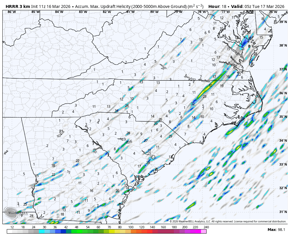 RaleighWx's tweet photo. Still a level 4 risk of severe weather today. The latest HRRR continues to speed up things with the arrival of the main QLCS in Raleigh by 2pm. Some discreet super cells possible ahead, but best risk may be I-95 east. Still with strong dynamics, be weather aware today everywhere https://t.co/6IbpGibBpi