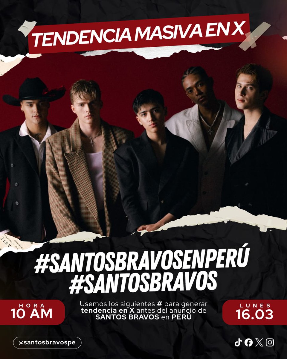 santosbravos_pe's tweet photo. 🇵🇪 PERÚ, ES NUESTRO MOMENTO 🔥

Hagamos una tendencia masiva en X y demostremos la fuerza del fandom peruano mientras esperamos el anuncio especial de la llegada de Santos Bravos a Perú 💥

Usa los hashtags #.SantosBravosEnPerú y #.SantosBravos en cada tweet, interactúa, comenta y comparte para que todo el mundo vea el apoyo de Perú. Nuestros esfuerzos de tendencia iniciarán a las 10am (hora peruana). 

¡Que todo X hable de ellos hoy! 📢

🇵🇪 Vamos con todo, Perú.

#SantosBravos #Santos_Bravos #STBV #STBV_DUAL
