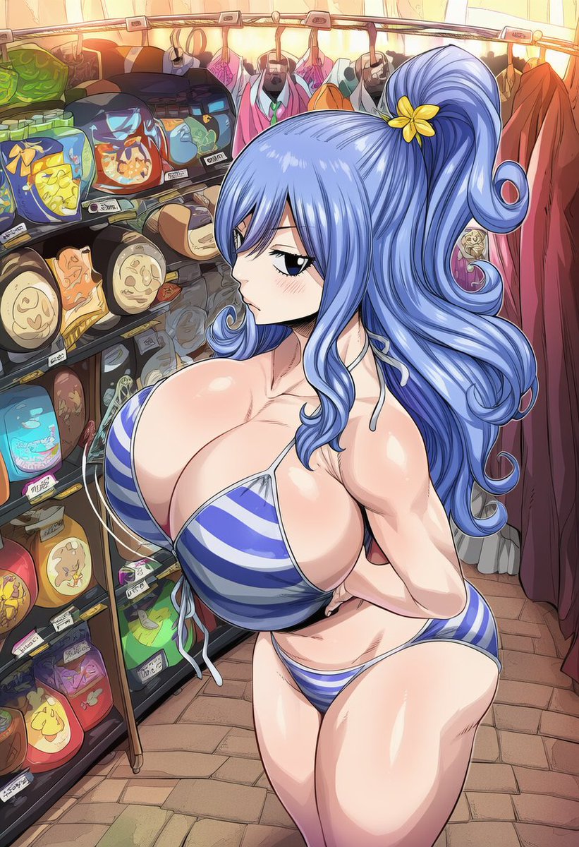 Juvia is proud that there wasn't a bra in the store that fits her breasts. She'll have to keep her old one, which is also too small.