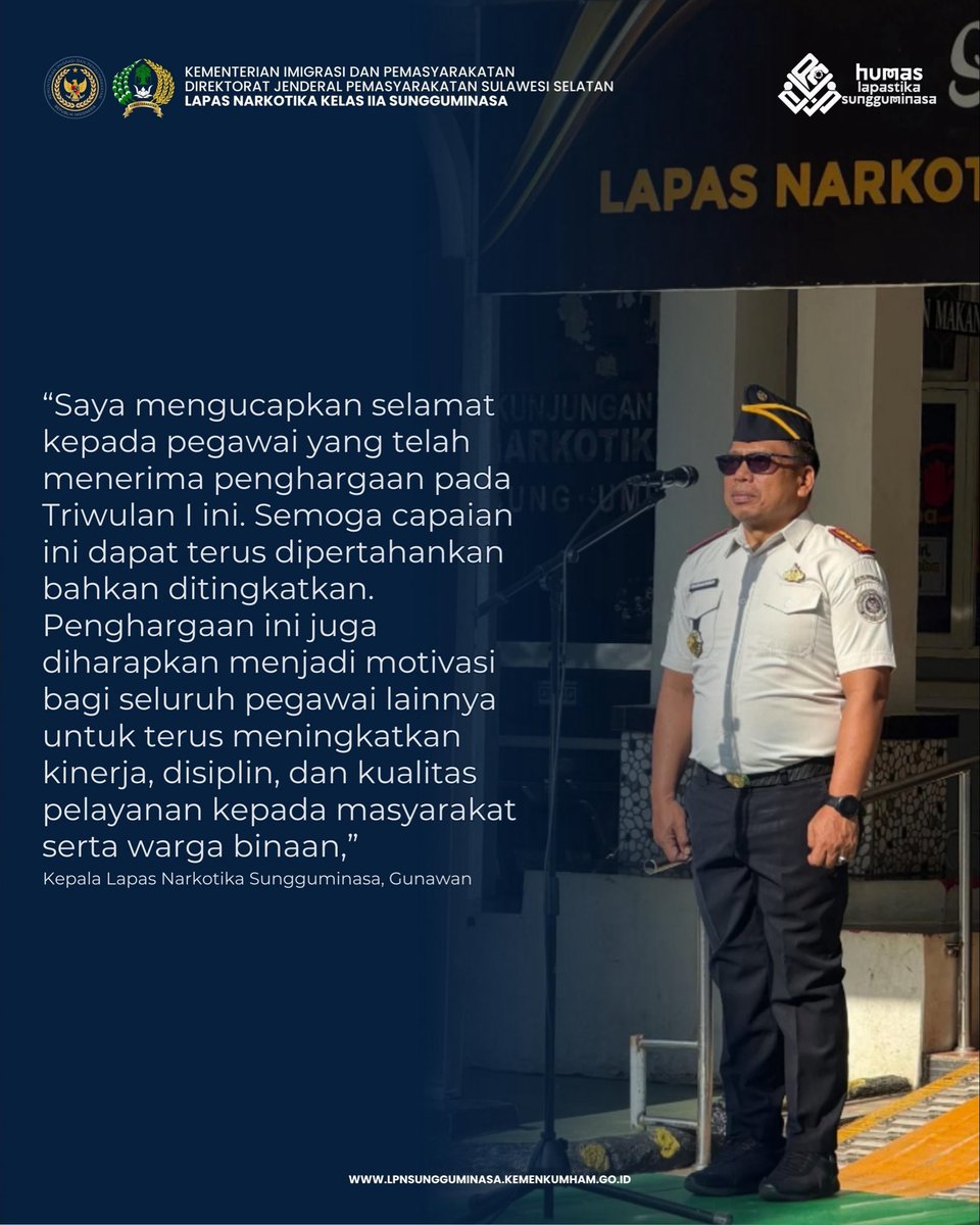 lpnsungguminasa's tweet image. Apel Pagi Lapas Narkotika Sungguminasa Dirangkaikan dengan Pemberian Penghargaan Pegawai Teladan Triwulan I Tahun 2026

#kemenimipas
#guardandguide
#ditjenpas
#pemasyarakatan
#pemasyarakatansulsel