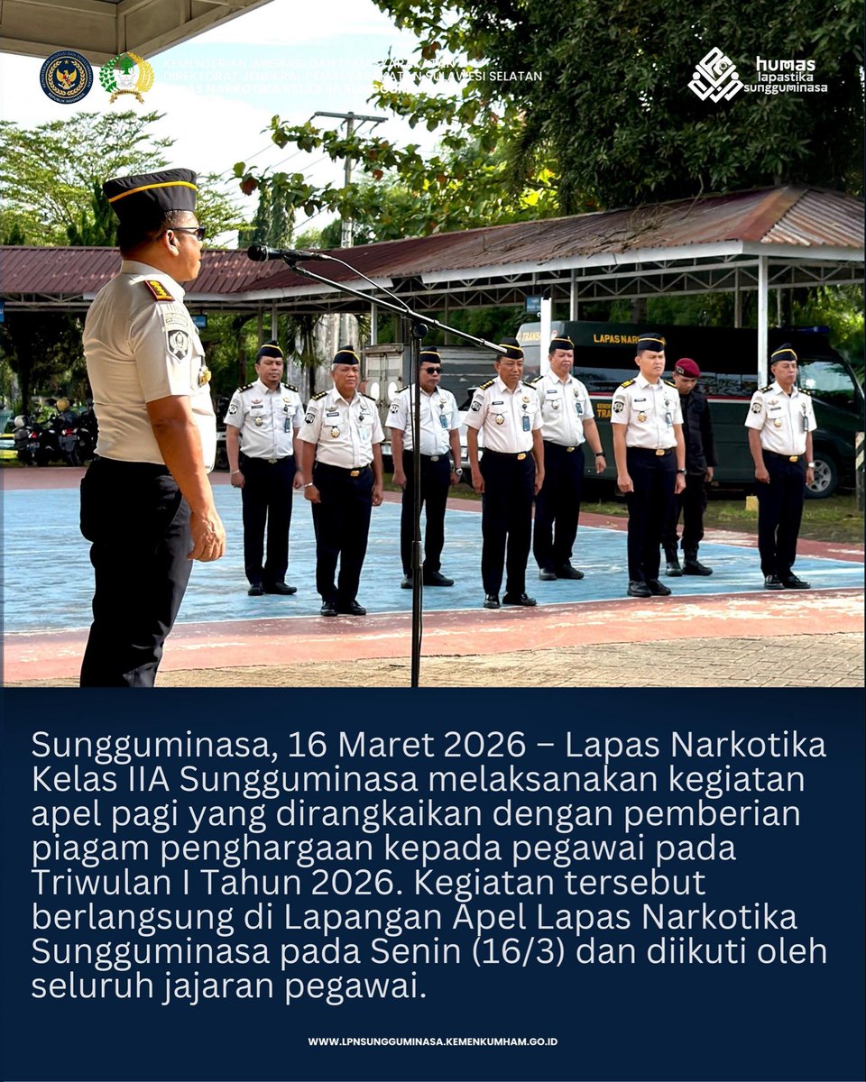 lpnsungguminasa's tweet image. Apel Pagi Lapas Narkotika Sungguminasa Dirangkaikan dengan Pemberian Penghargaan Pegawai Teladan Triwulan I Tahun 2026

#kemenimipas
#guardandguide
#ditjenpas
#pemasyarakatan
#pemasyarakatansulsel