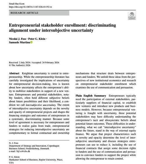 NicolaiFoss's tweet image. New paper with Peter G Klein and Samuele Murtinu.

Link (open access): shorturl.at/el2yg

#KnightianUncertainty #Stakeholders #EntrepreneurialFinance