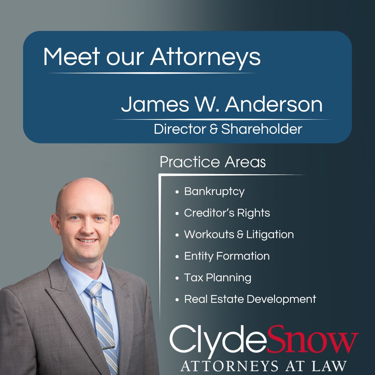 We are pleased to introduce our attorney, James Anderson. His practice covers all aspects of business and commercial law, including bankruptcy, creditor’s rights.

Learn more here: ow.ly/liLi50YtASv
 #creditorsrights  #bankruptcylawyer #slclawyer