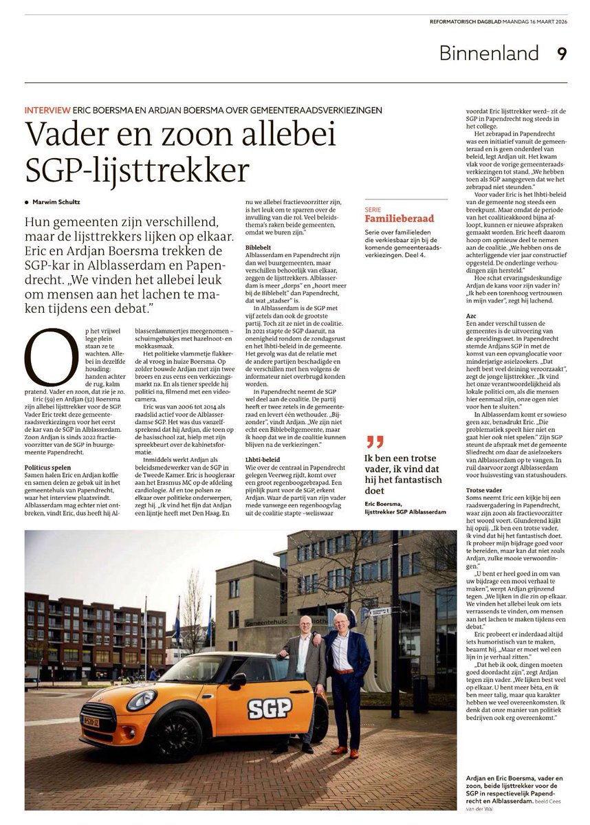 Vandaag in het Reformatorisch Dagblad: onze lijsttrekker Eric Boersma en zijn zoon Ardjan Boersma, beide lijsttrekkers van een lokale SGP-afdeling!

Stem aanstaande woensdag SGP!🧡