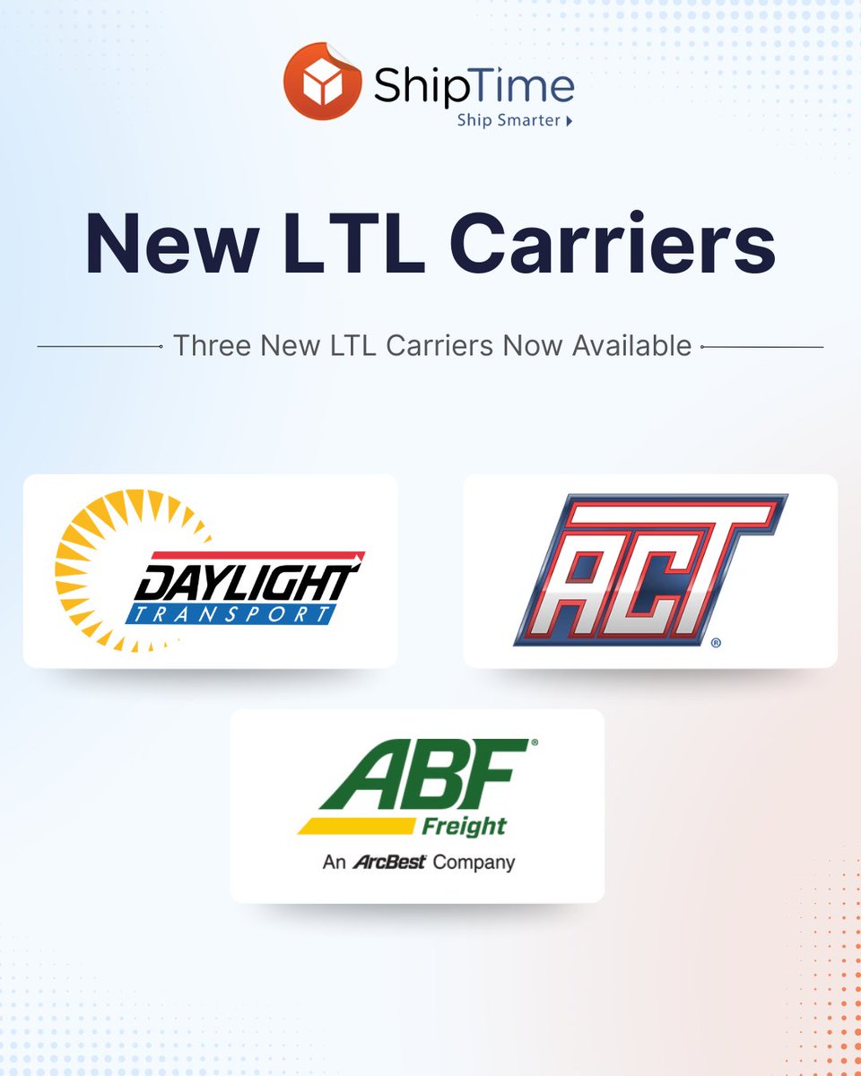 ShipTime has added Daylight Transport, ACT, and ABF Freight to our growing LTL carrier network, strengthening regional reach across Canada and the U.S. while adding reliable cross-border and long-haul capacity🎉

Stay tuned for more exciting courier expansions📦📫

#ltl #ship