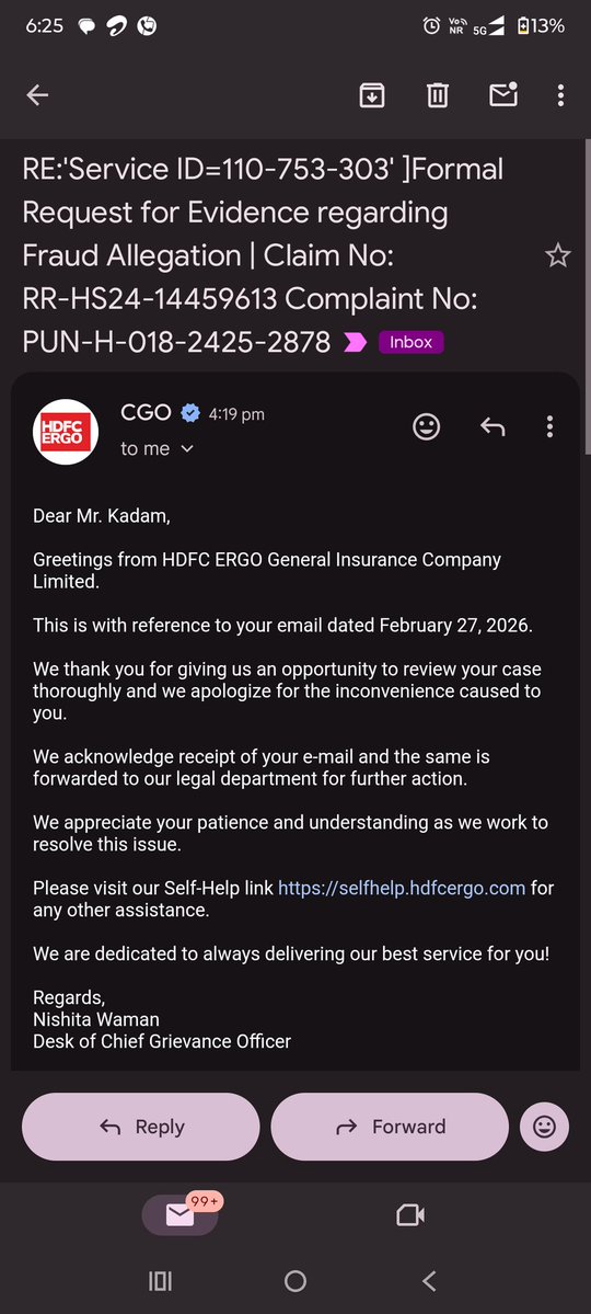 PRAVINKADAM91's tweet image. Look at the 'proof' @HDFCERGO sent me! After 500 days, it’s the same hollow template: 'Forwarded to legal dept.' No evidence, no documents, just more delay tactics. Is this how you treat a poor farmer? Stop lying to the public and show the actual evidence! #InsuranceFraud