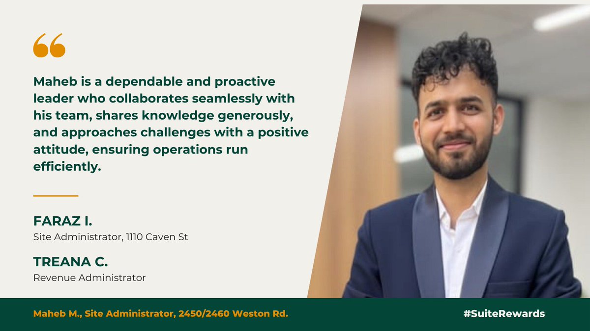 GreenwinTALKS's tweet image. Congrats to Maheb M., Site Administrator at 2450/2460 Weston Rd., as the latest #SuiteRewards recipient! Nominated by Faraz I. and Treana C., Maheb’s promptness and professionalism make a positive impact on the team.#Greenwin #EmployeeRecognition