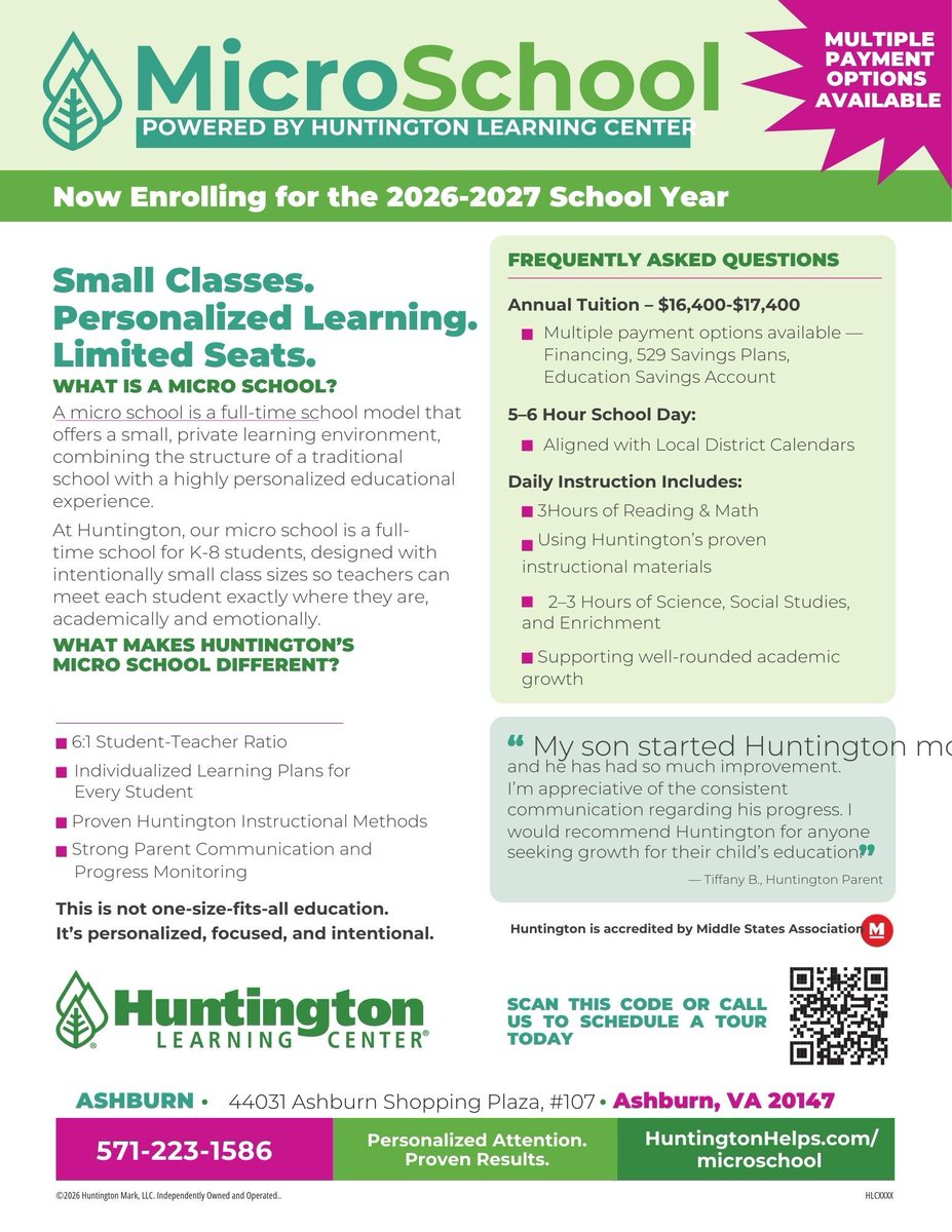 AshburnHLC's tweet photo. Discover personalized learning with Huntington’s Micro School plan! 🏫✨ Shorter school year &amp; individual attention. Ask us how we can help your student succeed! 📚 #Education https://t.co/1Tw786E7q3