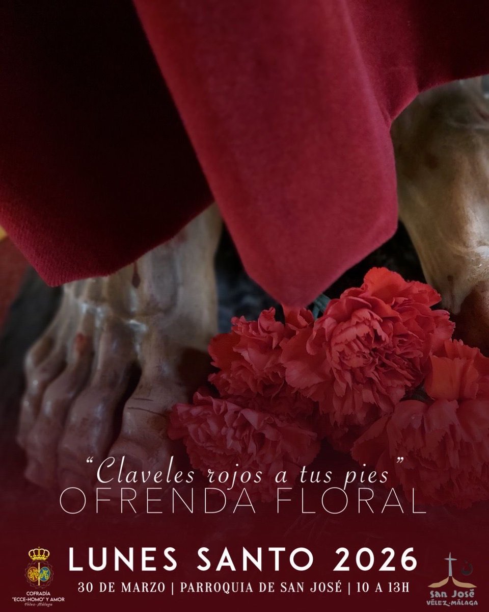 🔴CLAVELES ROJOS A TUS PIES| #EcceyAmor26

❤️¡Trae tus claveles rojo y ponlos a los pies del Señor!

🗓️Lunes Santo 30 de marzo
🕙 10:00 a 13:00 horas
📍Parroquia de San José

#CofradiasVM #SSantaVelez26 #Cuaresma2026 #OfrendaFloral