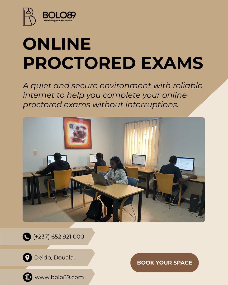 𝗢𝗻𝗹𝗶𝗻𝗲 𝗣𝗿𝗼𝗰𝘁𝗼𝗿𝗲𝗱 𝗘𝘅𝗮𝗺𝘀
Take your online proctored exams in a quiet and secure environment with reliable internet at BOLO89.
📍 Deido, Douala
📞 (+237) 652 921 000
#Bolo89 #exams #Cameroon #coworkingspace