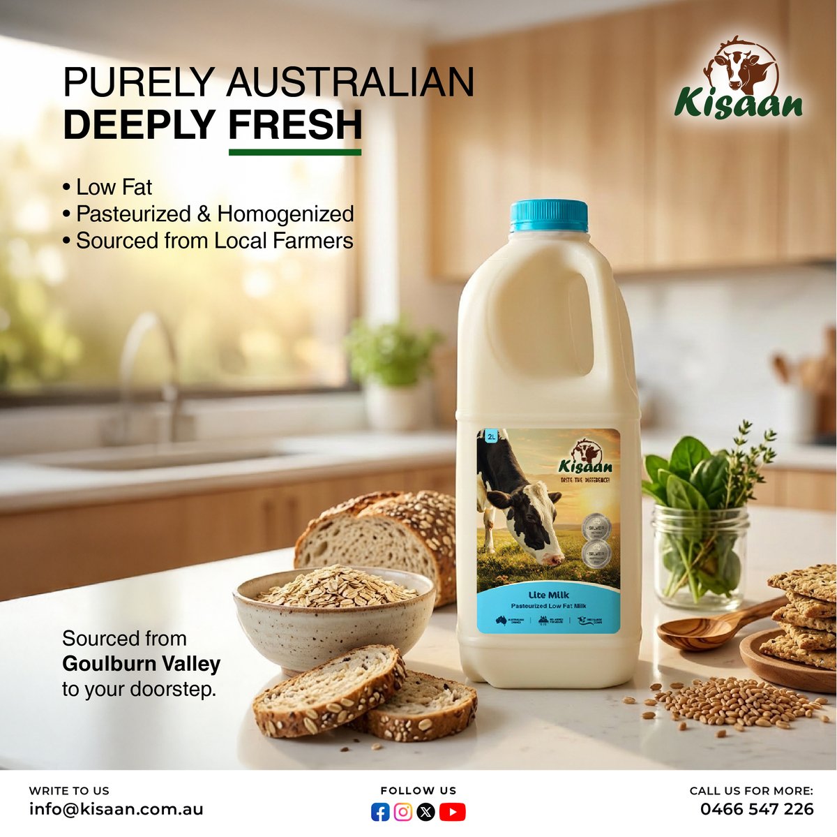 KisaanOfficial's tweet image. Start your day with the goodness of Kisaan Lite Milk 🥛

✔ Low Fat
 ✔ Fresh Australian Milk
 ✔ Sourced from local farmers
Perfect for coffee, cereal, and smoothies.
Order online →
 kisaan.com.au/product/SK103

#FreshMilk #LowFatMilk #Kisaan