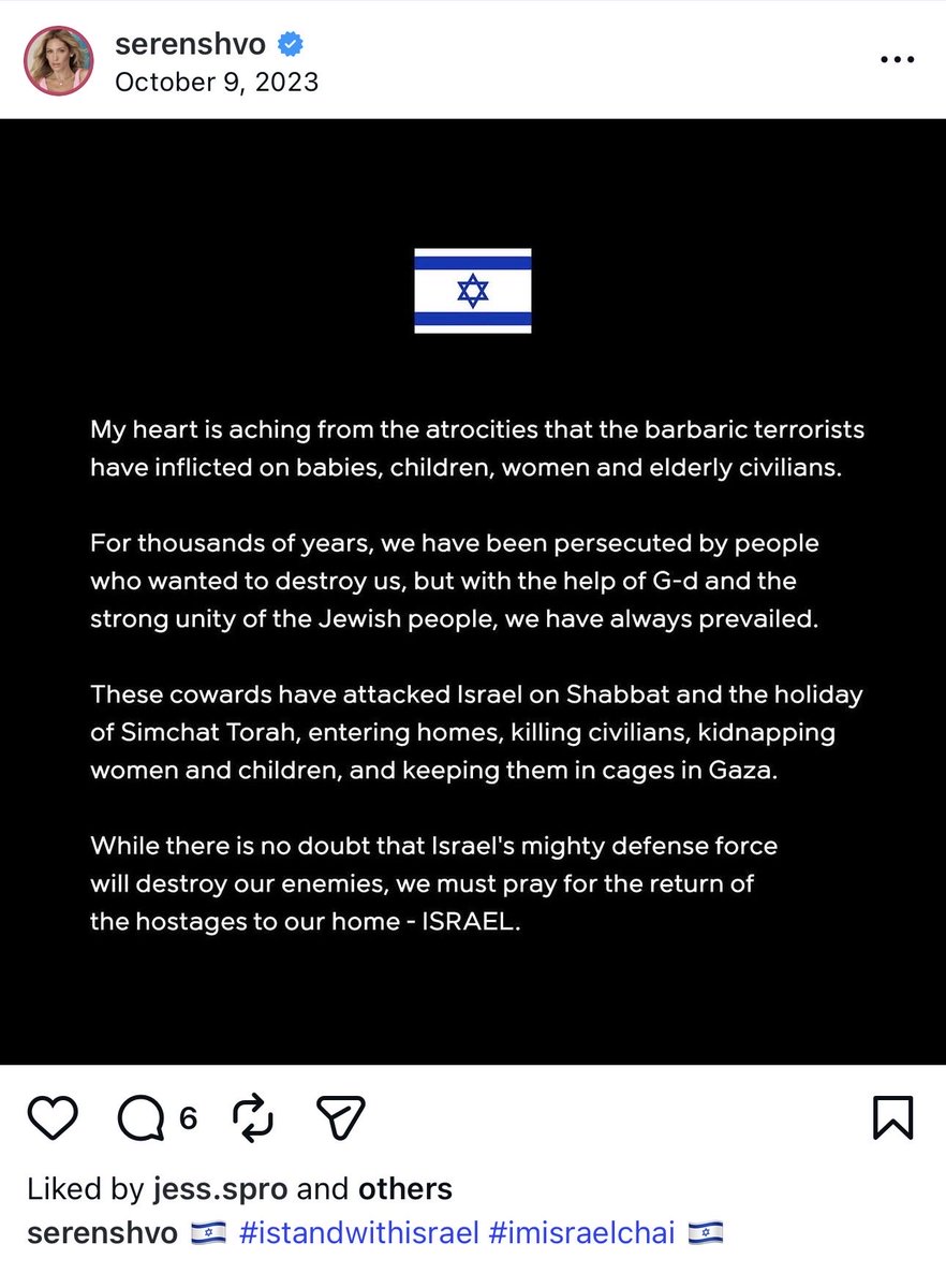 🔴 İFŞALIYORUZ!

Dünyaca ünlü emlakçı Michael Shvo’nun eşi Seren Shvo’nun İsrail-Türkiye çifte vatandaşlığına sahip bir siyonist olduğu ortaya çıktı.

Şahıs paylaşımında Hamas için teröristler diyerek İsrail’in yanında olduğunu belirtiyor.