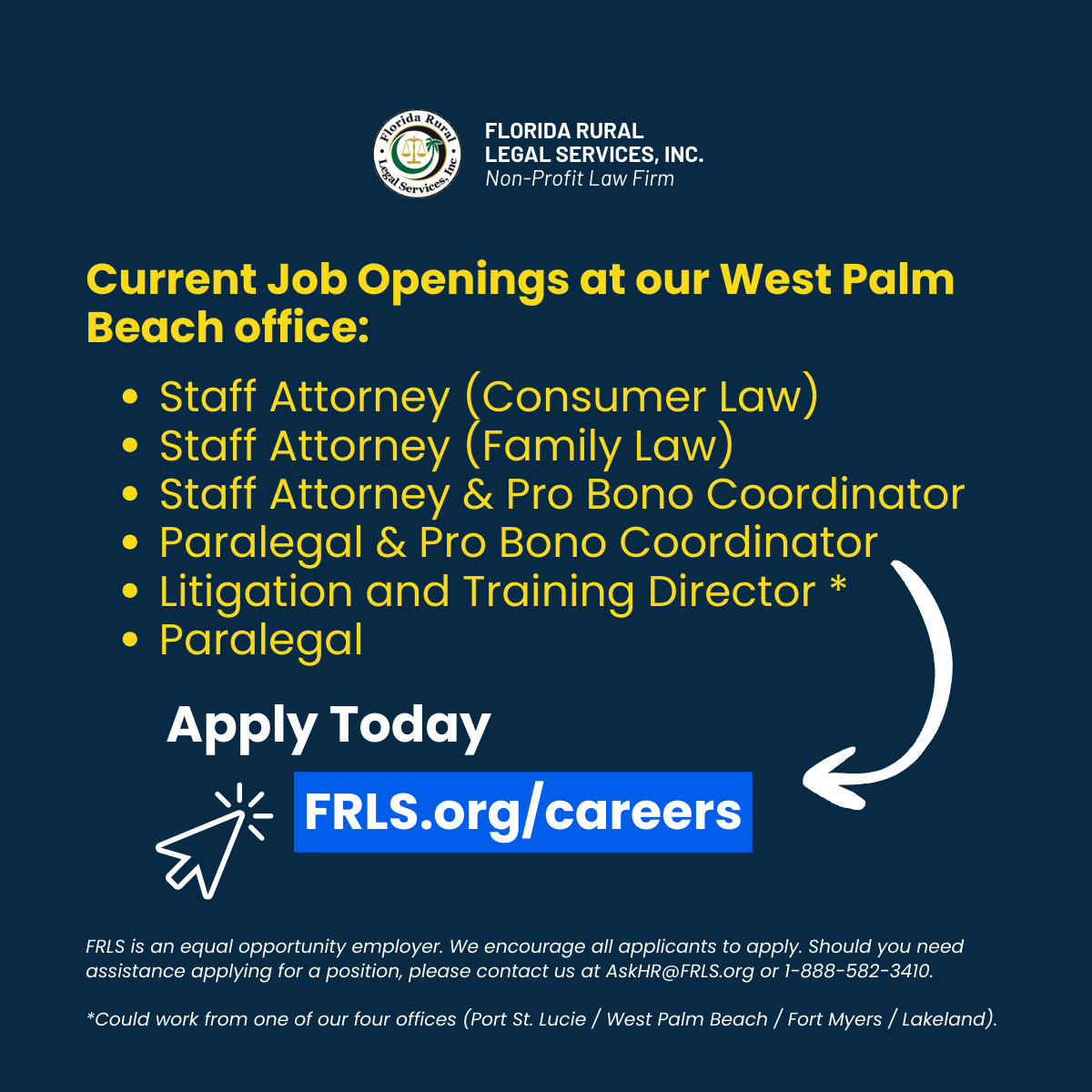 📢 Florida Rural Legal Services, Inc. (FRLS) is excited to share several open positions at our #WestPalmBeach office. If you’re passionate about justice, equity, and making a meaningful impact in your community, we’d love to hear from you.

frls.org/careers