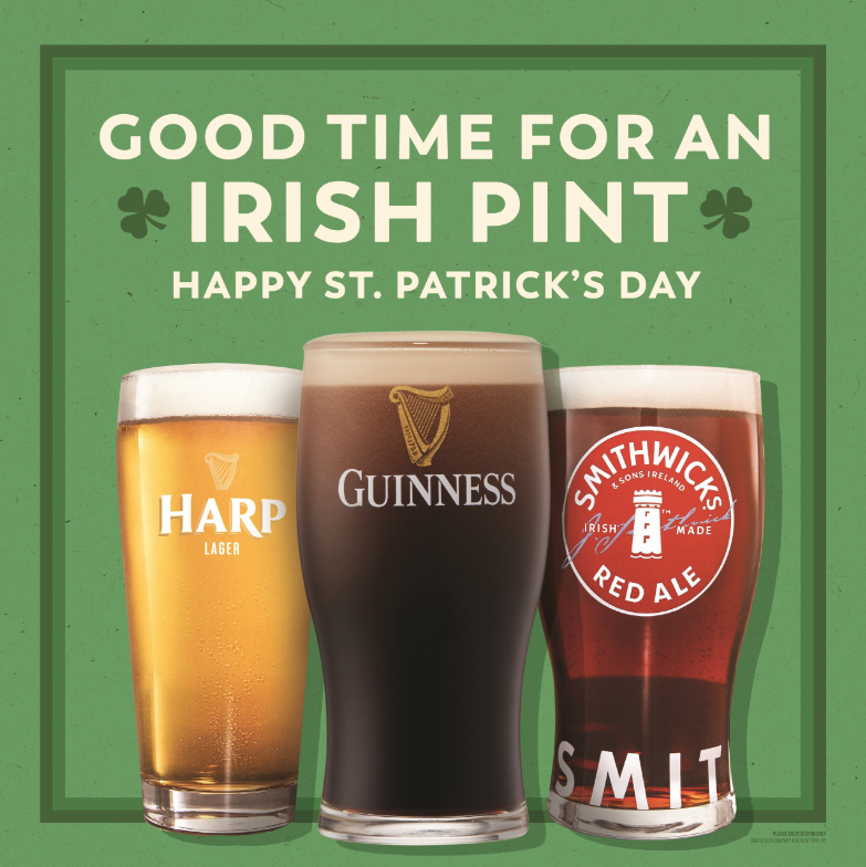 When St. Patrick’s Day comes around, we want more than the luck of the Irish—we want the beer of the Irish, too. Enjoy frosty pints of Guinness Stout, Harp Lager, and Smithwick’s Red Ale—Sláinte!

#CBC #Guinness #HarpLager #Smithwicks #RedAle #IrishBeer #StPatricksDay