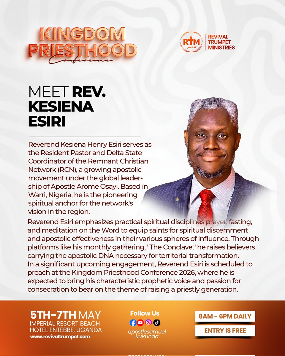 SamuelKukunda's tweet photo. Meet One Of Our International Guest Speakers from Nigeria: Reverend Kesiena Esiri.
#KPC26
#KingdomPriesthoodConference 
#revkesiena 
#ApostleSamuelkukunda https://t.co/ssgH8rkfLx