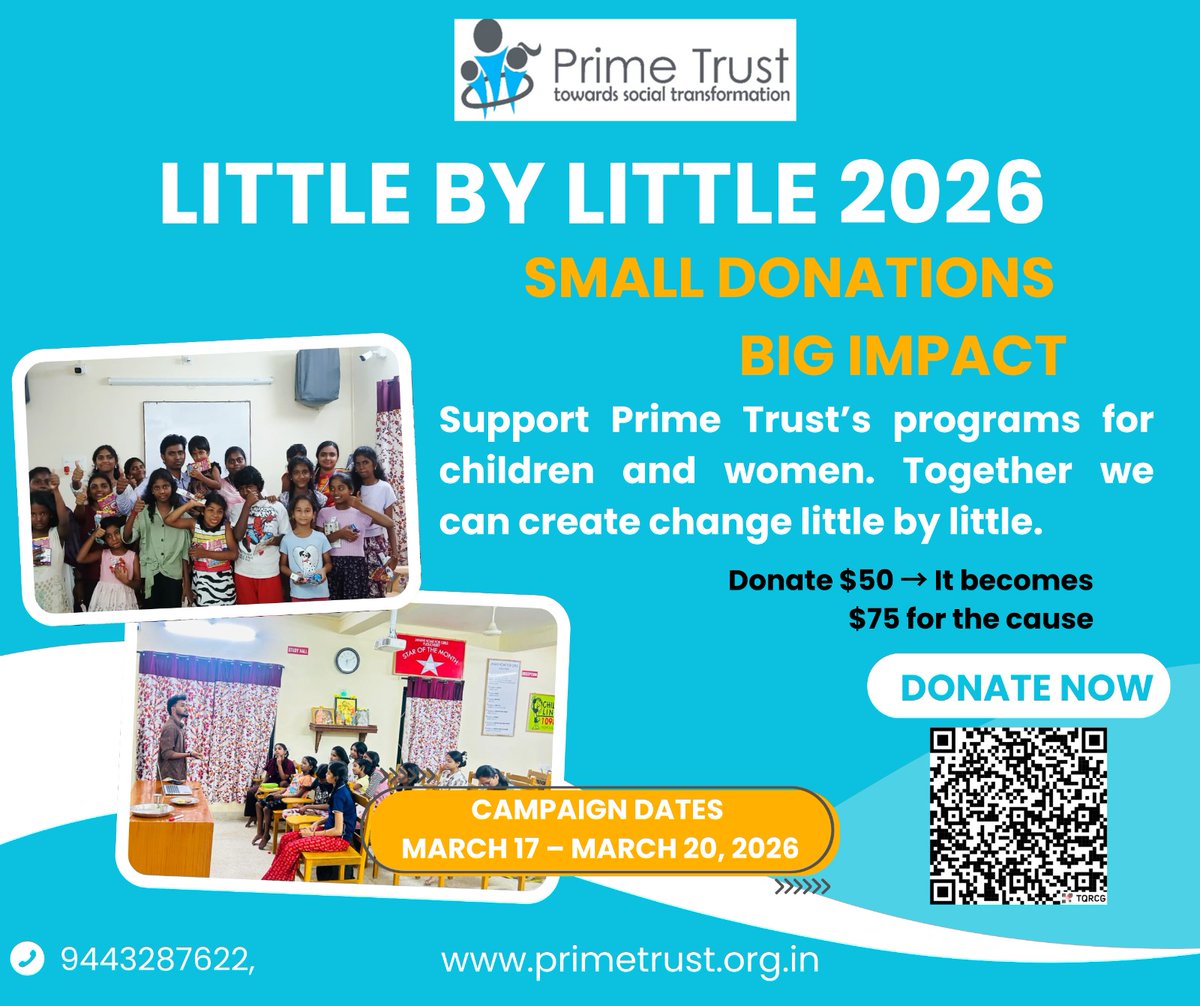 Prime_Trust's tweet photo. Little by little, big change happens. ✨
📅 Mar 17–20: Every donation up to $50 will be matched by 50%!
Your kindness can create a bigger impact for children and women in our community.
Donate: https://t.co/iEldc2EiH5
#GlobalGiving #PrimeTrust #SocialChange https://t.co/0F70byVXYw