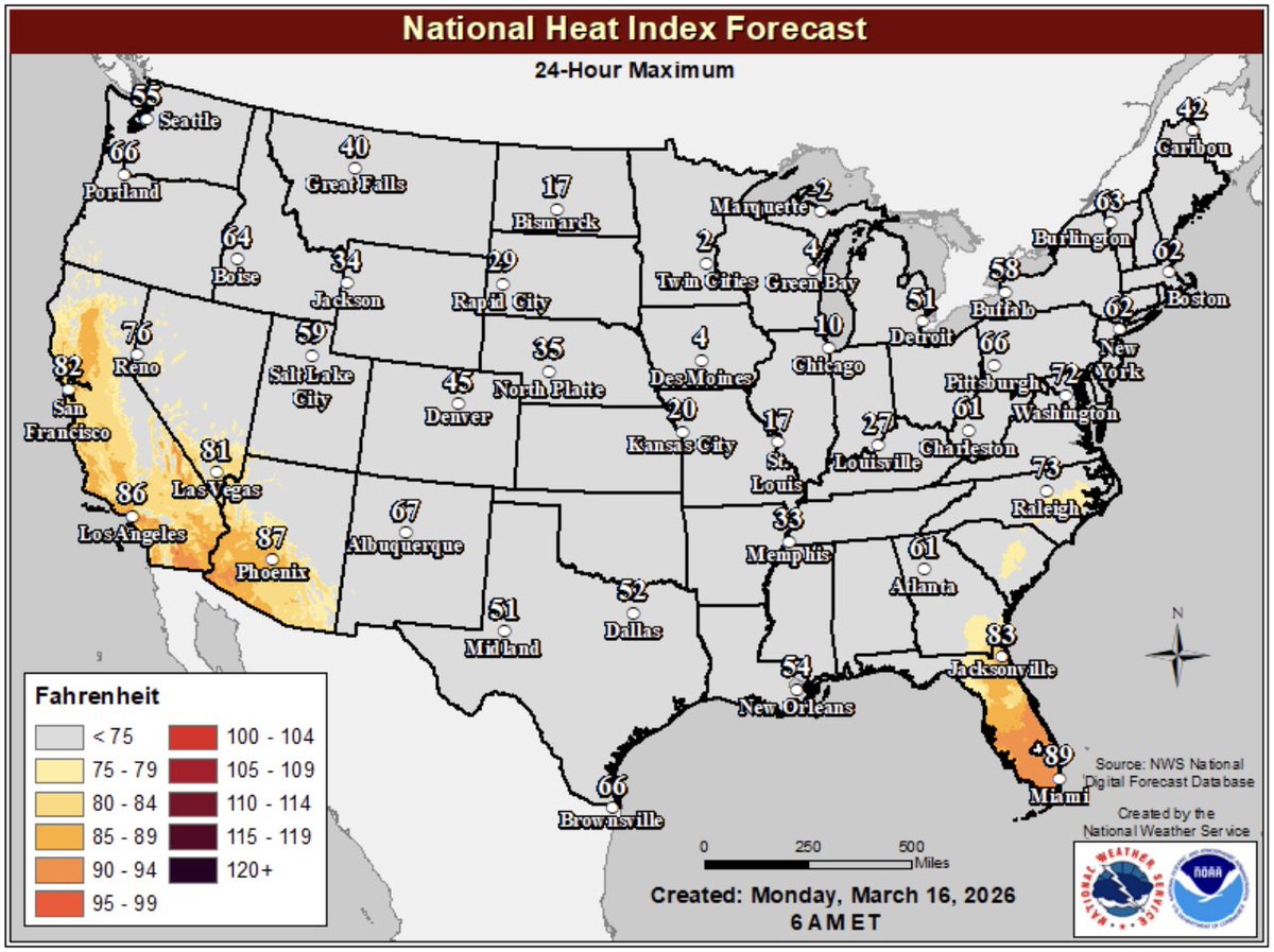 FarmPolicy's tweet image. 1/ Ag weather highlights from the @usda_oce, March 16:

In the #West, record-setting #warmth is affecting parts of California, the Great Basin, and the Desert Southwest. Meanwhile, #cold air has edged westward into the Rockies.

bit.ly/3Rn0a2F