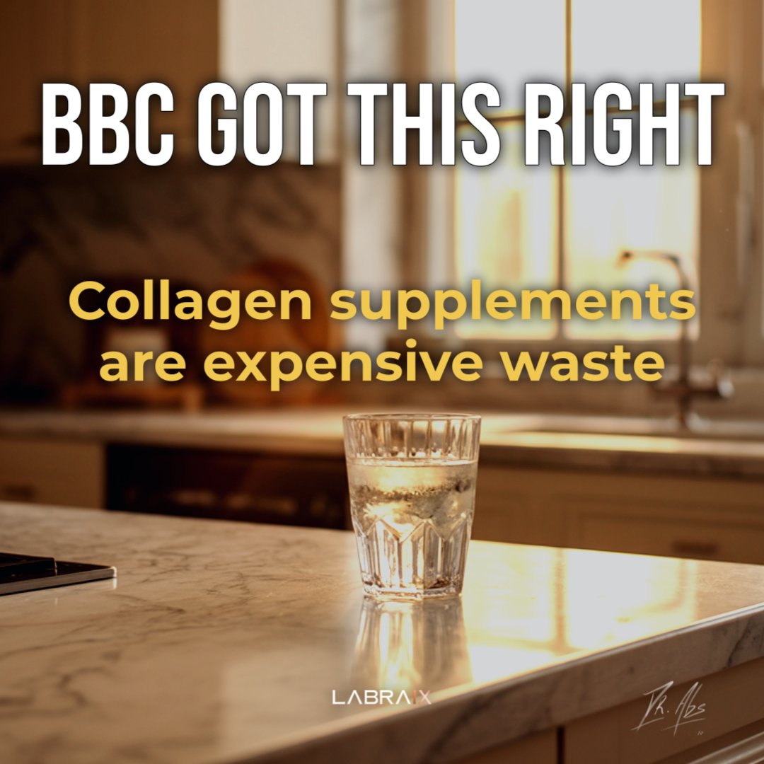 LabraixOfficial's tweet image. BBC just called collagen supplements 'expensive urine.' Harvard agreed. Here's what they missed: amino acids at 75 Daltons actually absorb. Collagen peptides at 10,000 Daltons get destroyed in your stomach. I switched to amino acids 3 years ag...

#BBCHealth #collagen #aminoacids