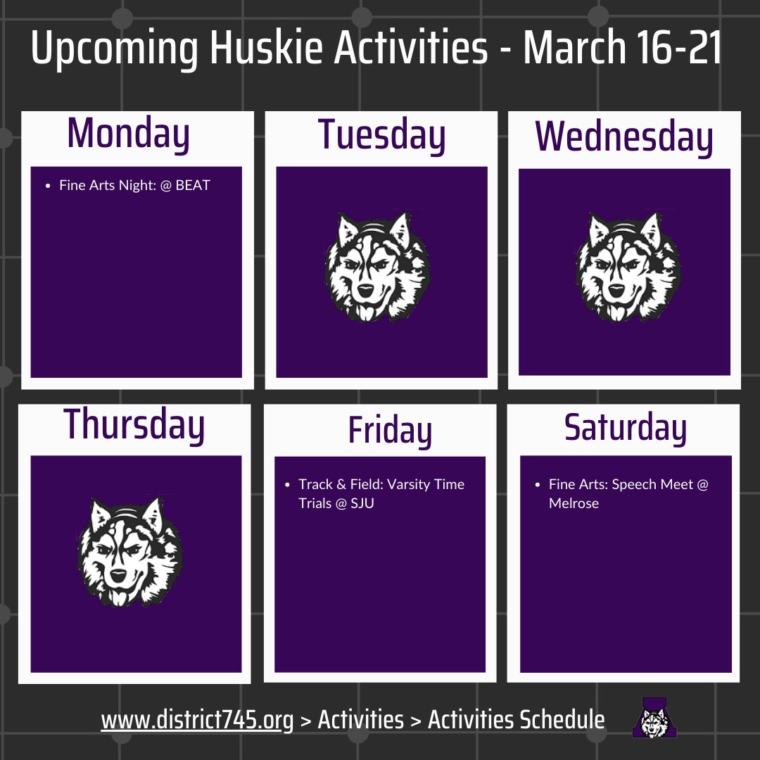 ISD745's tweet image. Check out the Huskie activities this week! 🐾
Make sure to check the Granite Ridge Conference Activities Calendar (linked below), as all events are subject to change.
Ticket and streaming info can be found at:
graniteridgeconference.org/public/genie/2…
#PurplePride #HuskiesPullTogether