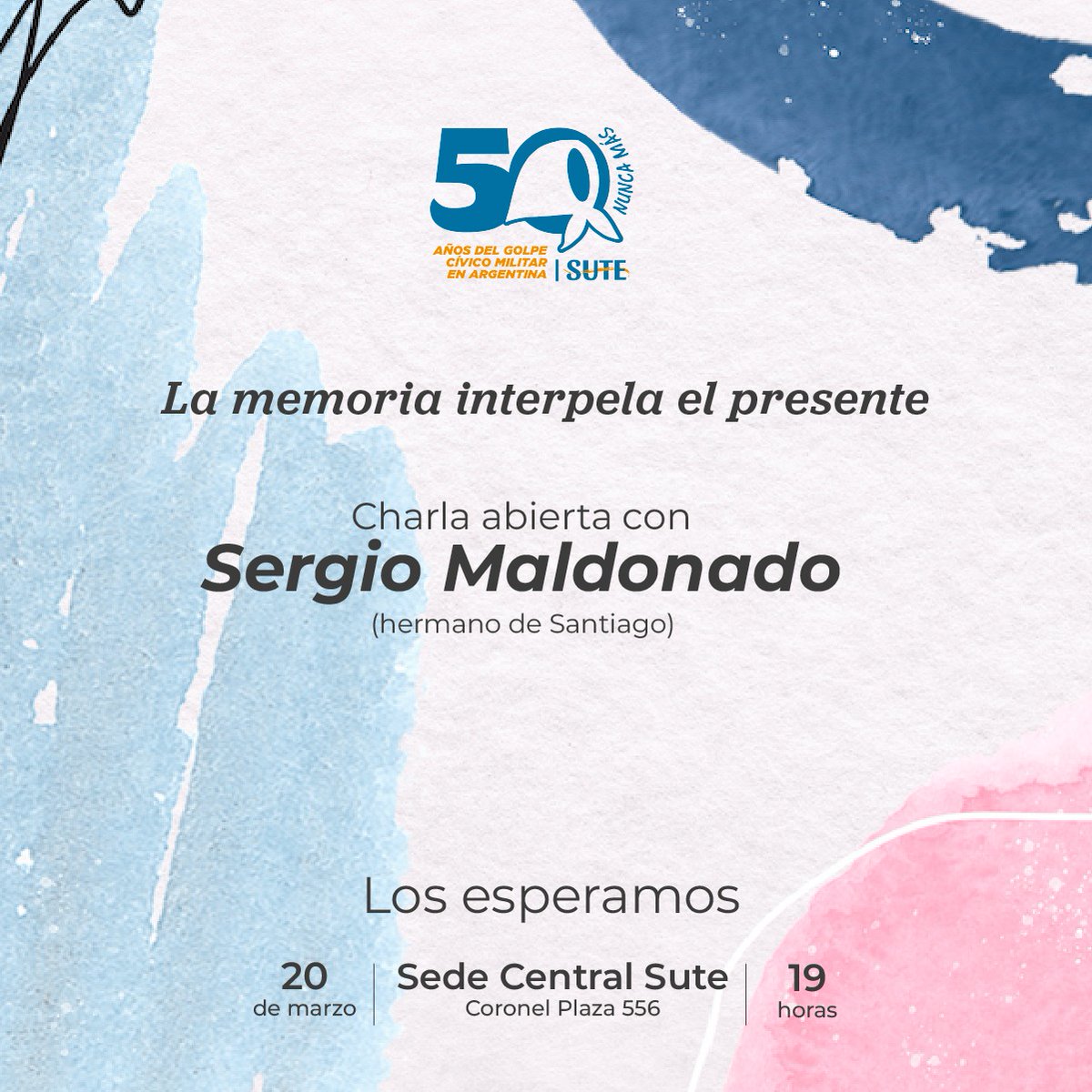 sutemendoza's tweet photo. A 50 años del Golpe Cívico-Militar recibimos a Sergio Maldonado, hermano de Santiago Maldonado, en una CHARLA ABIERTA. 

El objetivo es reflexionar sobre Memoria y Derechos Humanos. ¡Los/as esperamos!

📍Sede Central del SUTE, Coronel Plaza 556 
🗓️20 de marzo 
⏰19:00hs. https://t.co/eDuShCsaWB