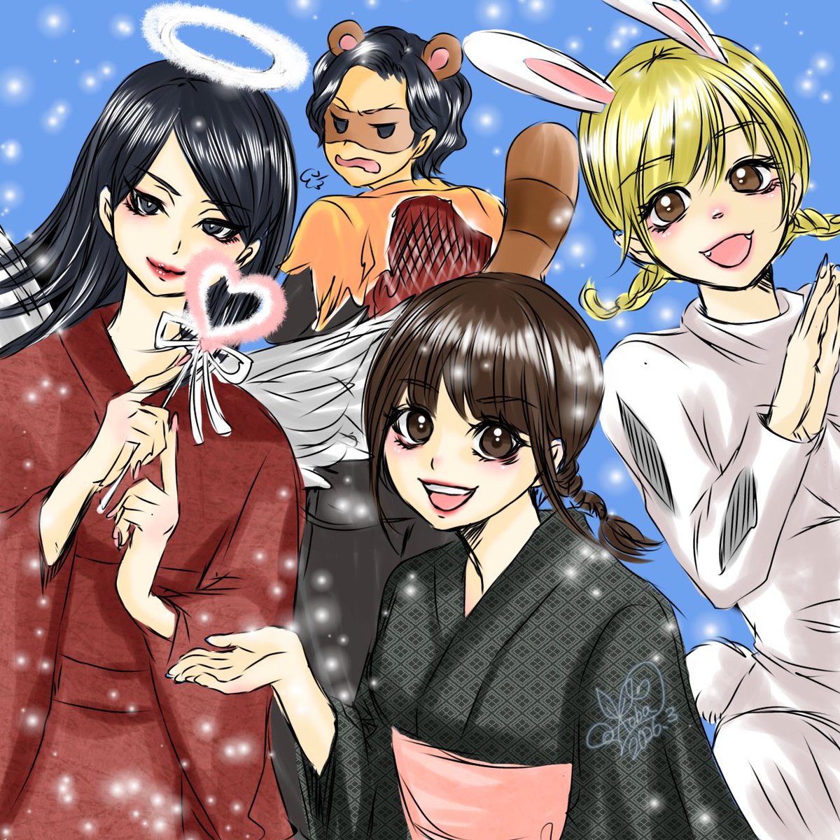 aoba8888's tweet photo. 素敵な舞台観に行かせていただいたので似顔絵描かせていただきました😄
お嫁さんとうさぎさんと天使さんとたぬきさん🤣🤣🤣

これを聞いただけならなんの舞台だったの？ってなりますね！
とても考えさせられる舞台でした(*^^*)
似顔絵は楽しいのでまた色んな方を描かせていただけたらと思います😊 https://t.co/N7LBQP4XLz