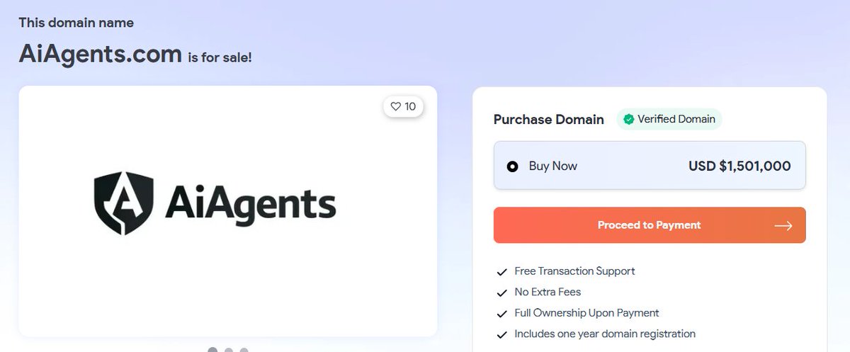 domainaio's tweet image. AiAgents .com is listed for $1.5 million.

We have AiAgents99.com for sale at $499. Offer valid for the next 48 hours. Claim it.

#aiagents #domainname #domainaio