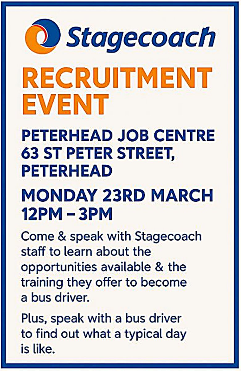 Abshire_EST's tweet photo. 🚌Stagecoach Recruitment event in Peterhead Job Centre
Monday 23rd March 2026 | 12pm-3pm https://t.co/tdt3JJm4NY