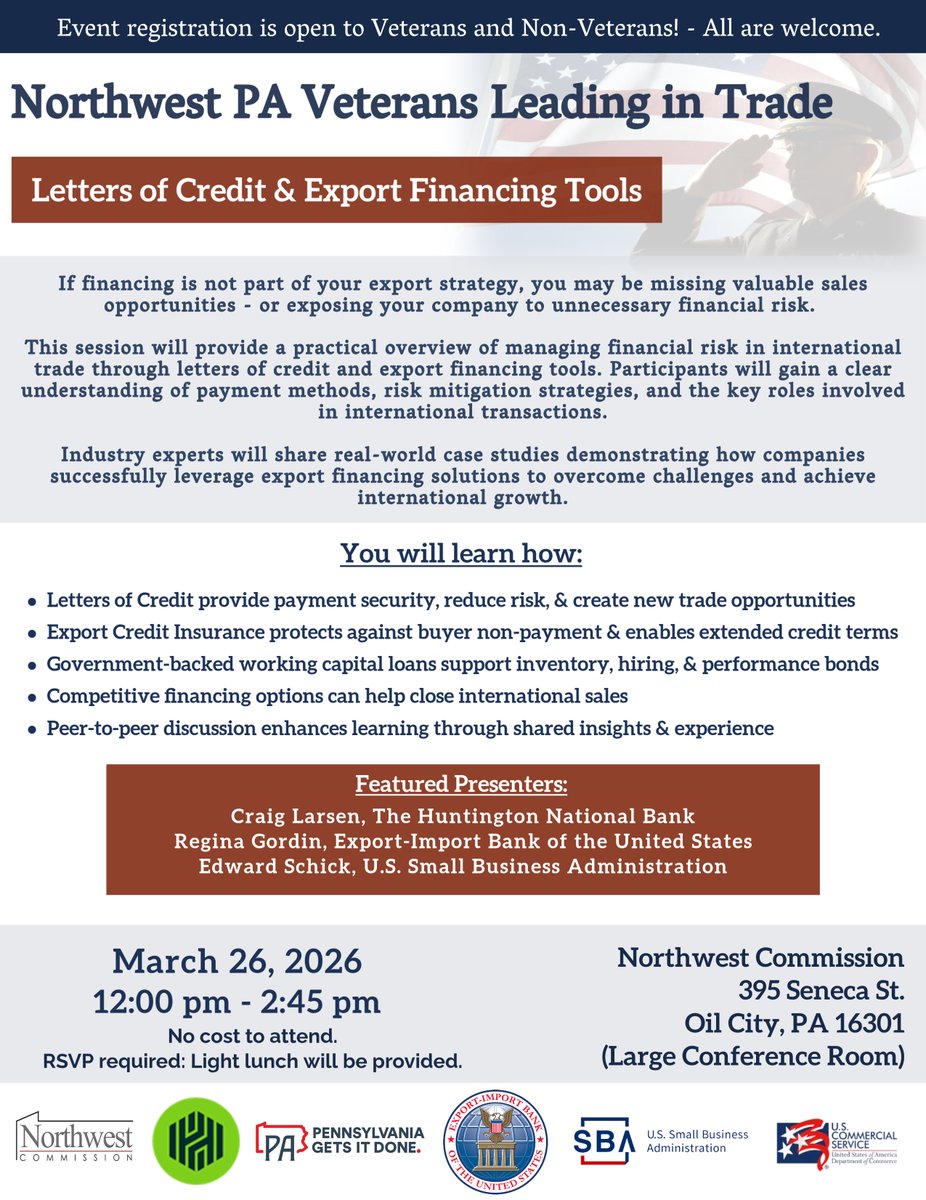 nwPAexport's tweet photo. Join us next Thursday, March 26! Register and learn more about Letters of Credit &amp; Export Financing Tools - strengthen your export strategy and gain practical insights.

Register via the link - https://t.co/IXfyJ7K6Eb https://t.co/g1l6U19WOE