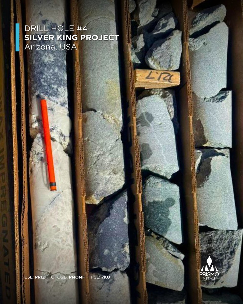 PrismoMetals's tweet photo. 📸 First look at the core from Drill Hole #4 at Silver King!

Our Phase 1 drill program is advancing rapidly, with the rig already pulling core from Hole #4. At 321 feet (~98 m), we are seeing exciting visual confirmation of sulphides in quartz.

$PRIZ #Mining #Silver https://t.co/3KFbAOOg0q
