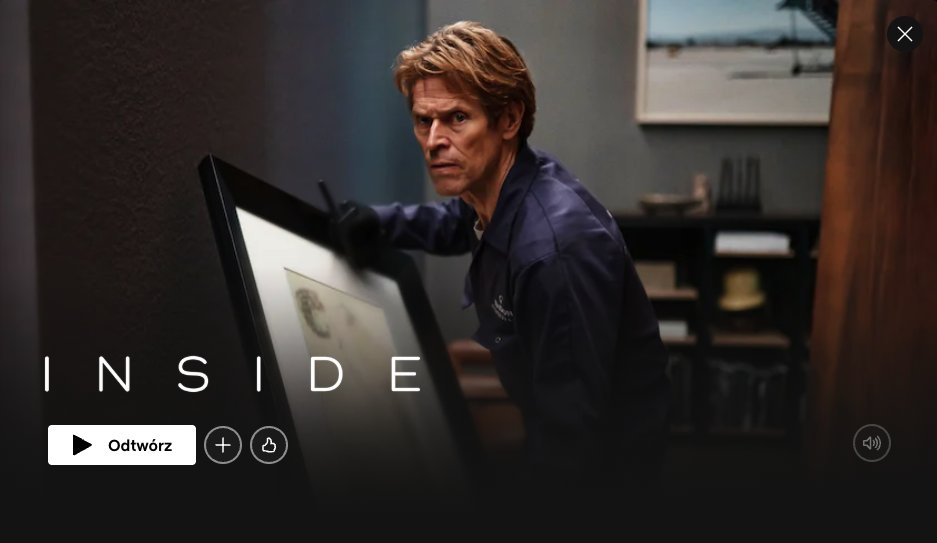 tomasznicieja's tweet image. #Inside (2023) - film jednego aktora - Willem Dafoe. Mało tekstu, mało dialogu, a mimo wszystko film mnie zainteresował. Cały czas obserwujemy, obserwujemy aktora i jego przemianę, kryzysy, szukanie drogi ucieczki i walkę o życie, jego drogę do obłędu. Moja ocena: 7+/10.
#Netflix