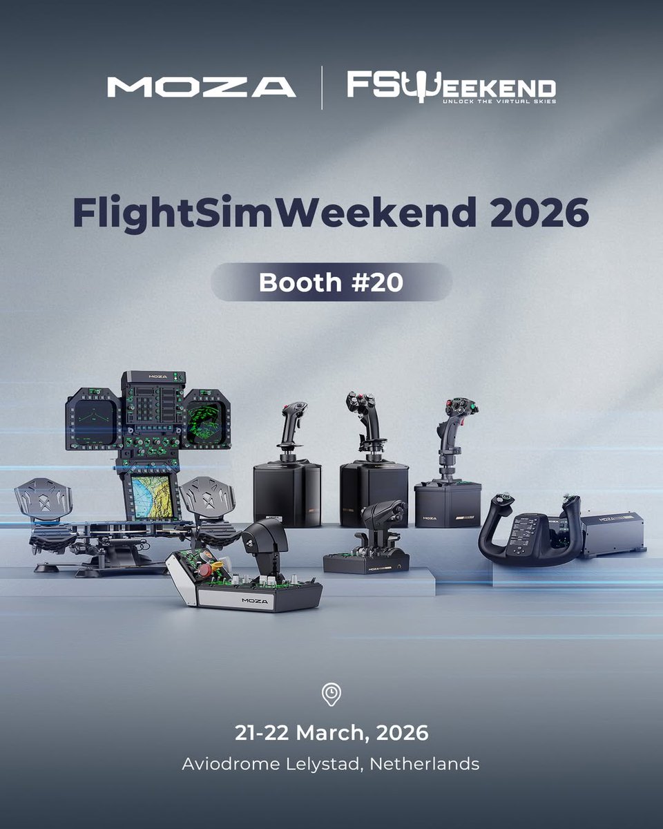 moza_racing's tweet image. We're about to take off at the FlightSimWeekend 2026!✈️

Join us March 21–22 in Lelystad to experience our full flight simulation ecosystem with hands-on demos, and also get a first look at some exciting new reveals you won’t want to miss. 👀

#MOZA #MOZAFlight #Flightsim #Pilot