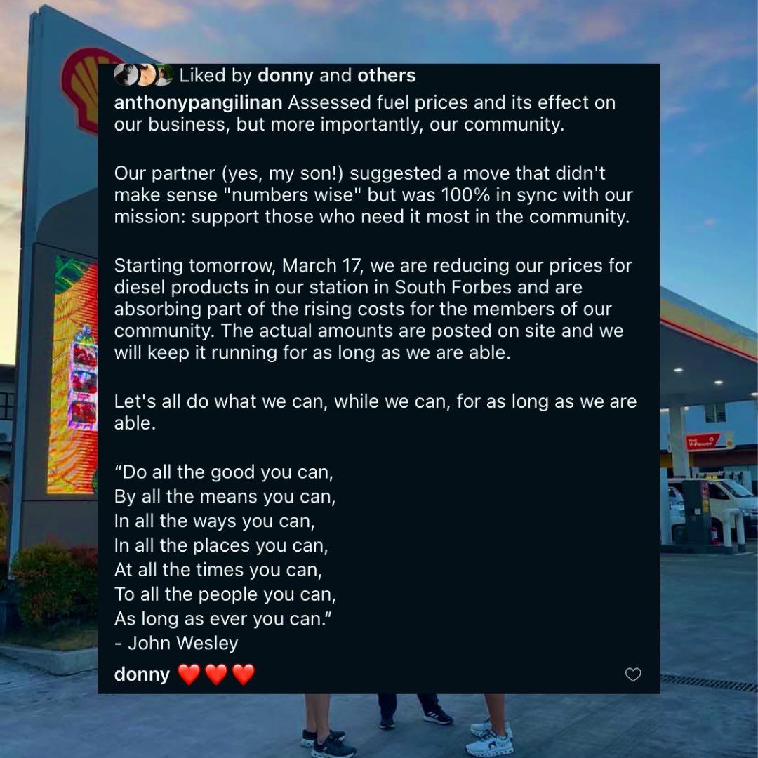 remember when Donny and Anthony Pangilinan also offered free gas for their anniversary? and now, doing a big help again by reducing the prices for diesel products, the world needs more businessmen like them in these times of crisis.