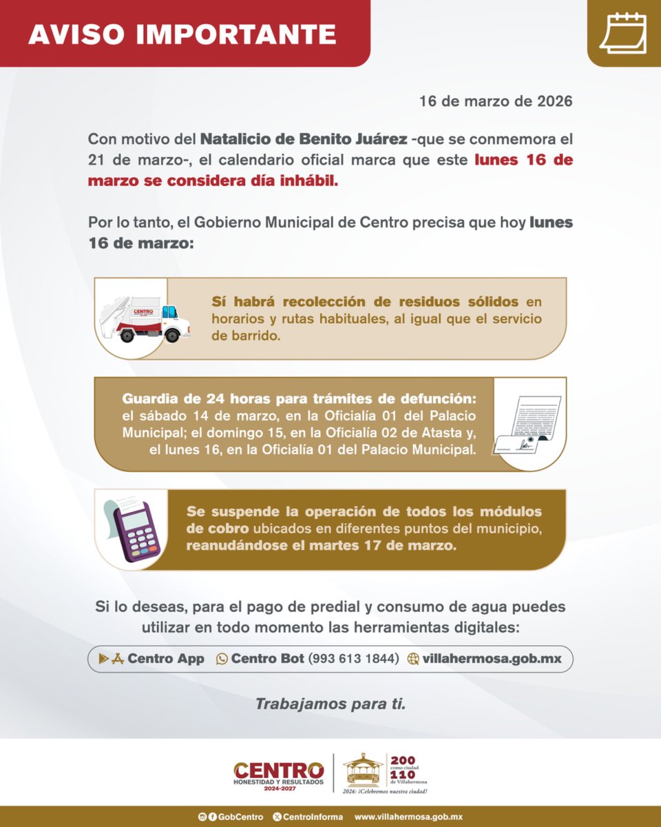 TabascoHOY's tweet photo. #RelevanteTH 🗣️| Reporta el Ayuntamiento de Centro (@CentroInforma) los servicios municipales que se realizarán y los que no estarán activos, este lunes 16 de marzo, con motivo del Natalicio de Benito Juárez.
📍Sí habrá recolección de residuos sólidos en horarios y rutas habituales, al igual que el servicio de barrido.
📍Trámites de actas de defunción:
Guardia de 24 horas:
= Lunes 16 de marzo en la Oficialía 01, en Palacio Municipal
📍Se suspende la operación de todos los módulos de cobro ubicados en diferentes puntos del municipio, reanudándose el martes 17 de marzo.
https://t.co/MaPADTvVVx