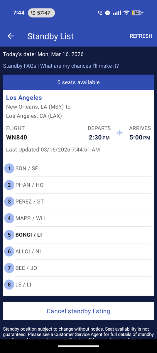 Limabo88's tweet photo. @SouthwestAir your app is showing me on a “standby list” w/ “0 seats available” even tho I purchased a ticket. This is deceptively designed to pressure customers into paying to “secure” something they already bought. I have been on hold for over an hour. Fix this immediately! https://t.co/x2Jqg7bDTQ