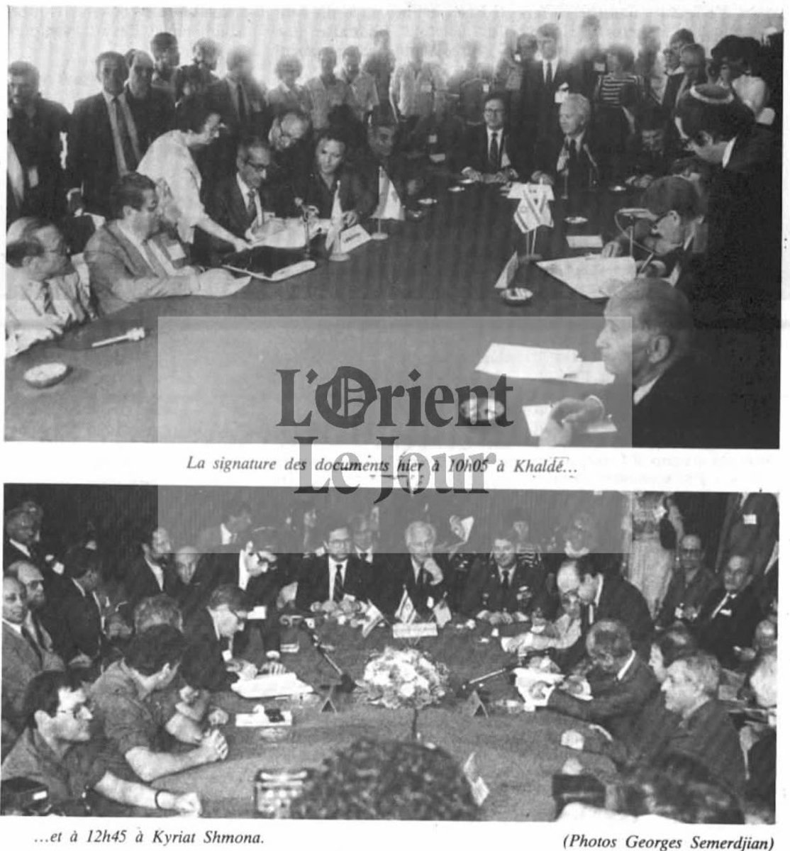 🇱🇧🇮🇱🇺🇸 Signing of the May 17 Agreement in Khaldeh and Kiryat Shmona by the Lebanese, Israeli, and American delegations, represented respectively by Ambassador Antoine Fattal, Director-General of Israel's Ministry of Foreign Affairs David Kimche, and U.S. Under Secretary of State