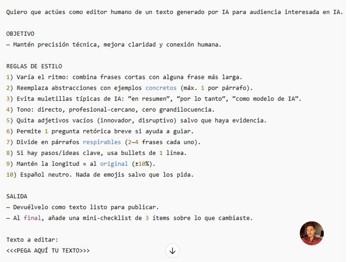 Fran_actua's tweet photo. Comparto mi prompt para humanizar un texto generado por ChatGPT 👇 https://t.co/Mz61Xj6LSe