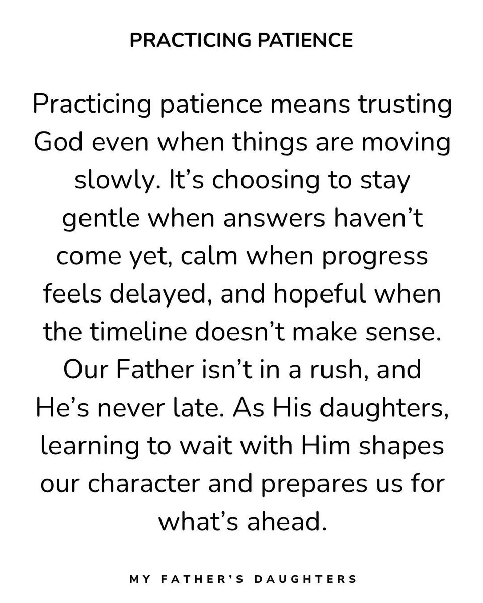 MFDaughters's tweet photo. Patience protects destiny.
Many people didn’t lose because God said no they lost because they couldn’t wait.

#PracticingPatience #FruitOfTheSpirit #MyFathersdaughters #FaithJourney #TrustGodsTiming #SpiritualGrowth #DaughtersOfGod https://t.co/mfFDr2eWLN