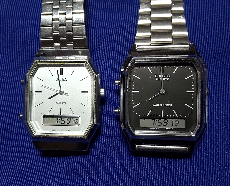 yuse86's tweet photo. 【Rショップ】(2つで1500円余)
SEIKO ALBA V041-5050
CASIO AQ-230
昔この手のアナデジが流行り各メーカーが挙って発売してた時代がありましたなぁ…　昭和のサラリーマンがしてた風のレトロ感に思わず衝動買い（？ https://t.co/JyfO4Q0n7c