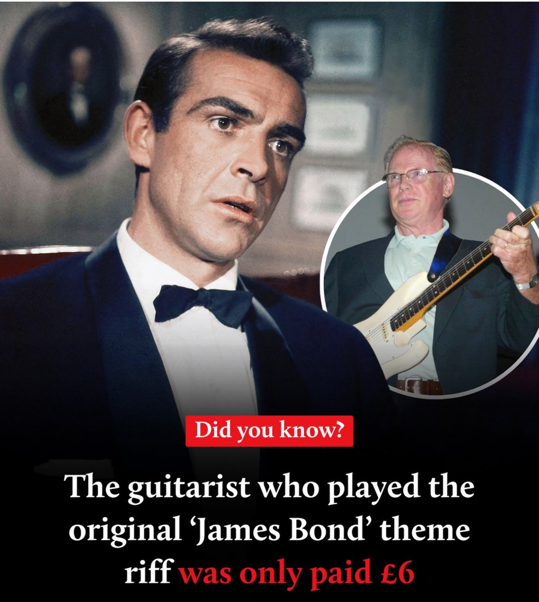 “A few double ‘0’s missing in action there…”🎸

Session guitarist Vic Flick recorded the famous riff for Monty Norman’s original James Bond score and was paid a one‑off fee of £6 (about £113 today or $205.30). John Barry was paid £250 (about £4,700 today or $8,539.29) for